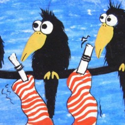 Raben (3teil. Bild, Ölkreide mit Plakafarbe auf Pappe)